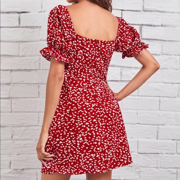 Red sweetheart neck puff sleeve print dress ruched - Picture 2 of 3